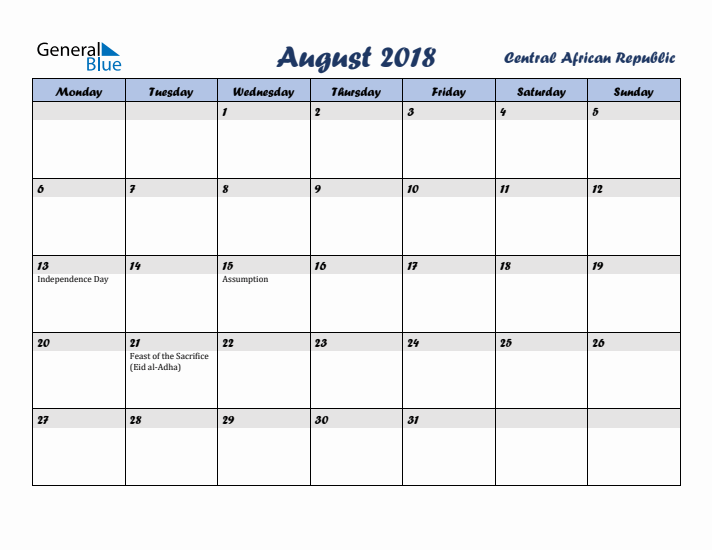 August 2018 Calendar with Holidays in Central African Republic