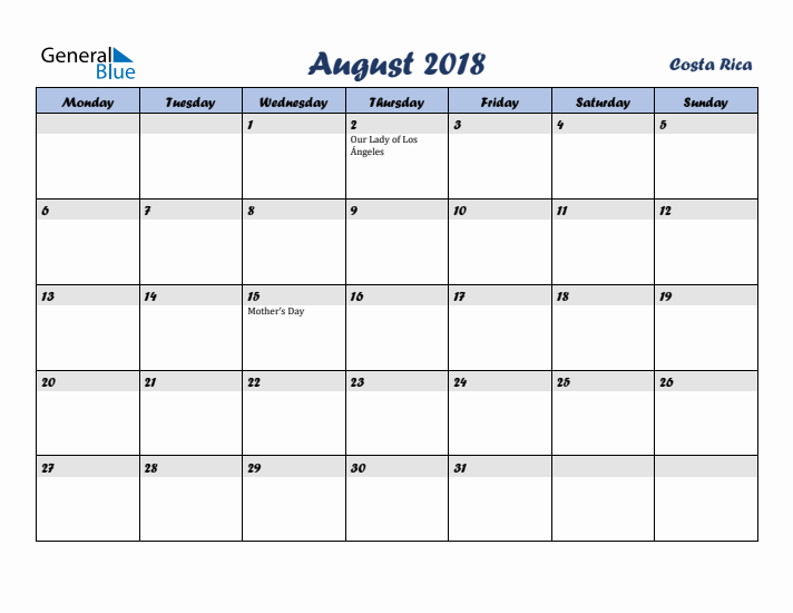 August 2018 Calendar with Holidays in Costa Rica