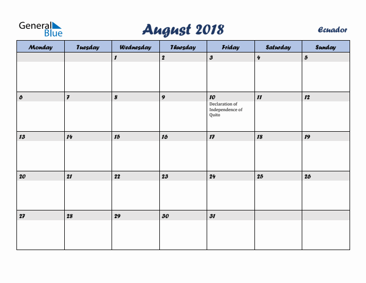 August 2018 Calendar with Holidays in Ecuador