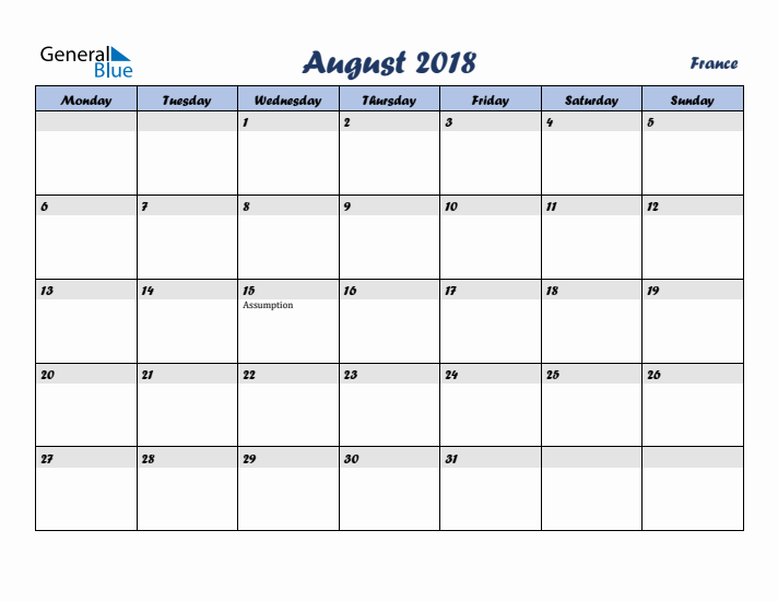 August 2018 Calendar with Holidays in France