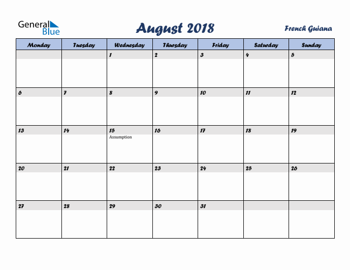 August 2018 Calendar with Holidays in French Guiana