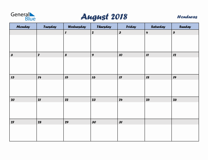 August 2018 Calendar with Holidays in Honduras