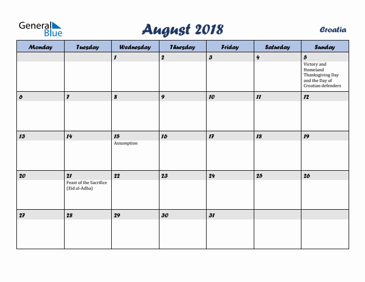 August 2018 Calendar with Holidays in Croatia