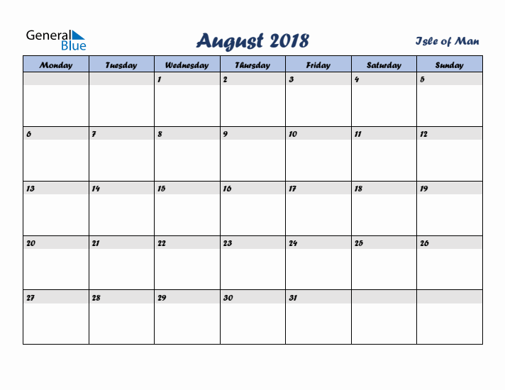 August 2018 Calendar with Holidays in Isle of Man