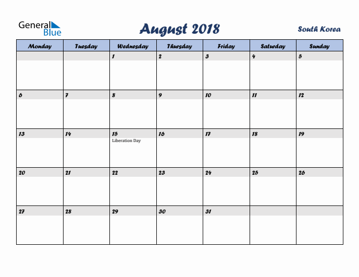 August 2018 Calendar with Holidays in South Korea