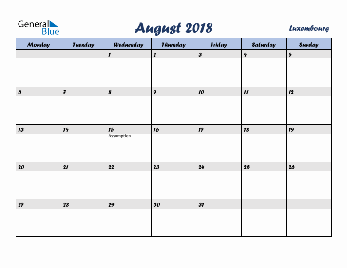 August 2018 Calendar with Holidays in Luxembourg