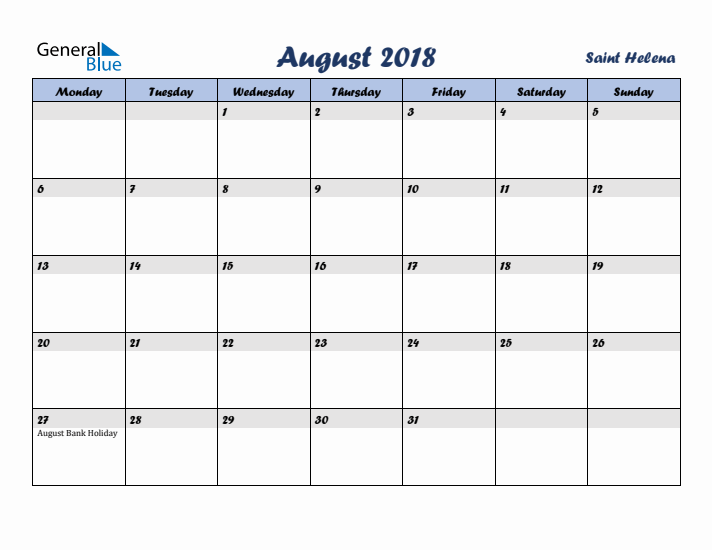 August 2018 Calendar with Holidays in Saint Helena