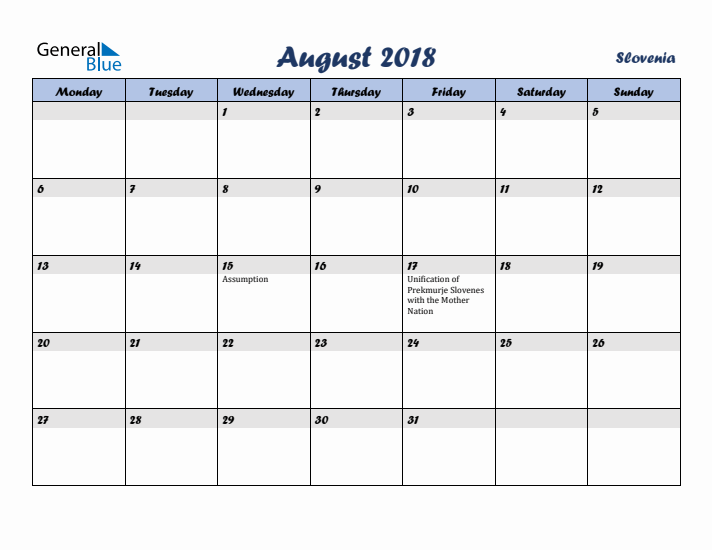 August 2018 Calendar with Holidays in Slovenia