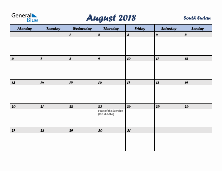 August 2018 Calendar with Holidays in South Sudan