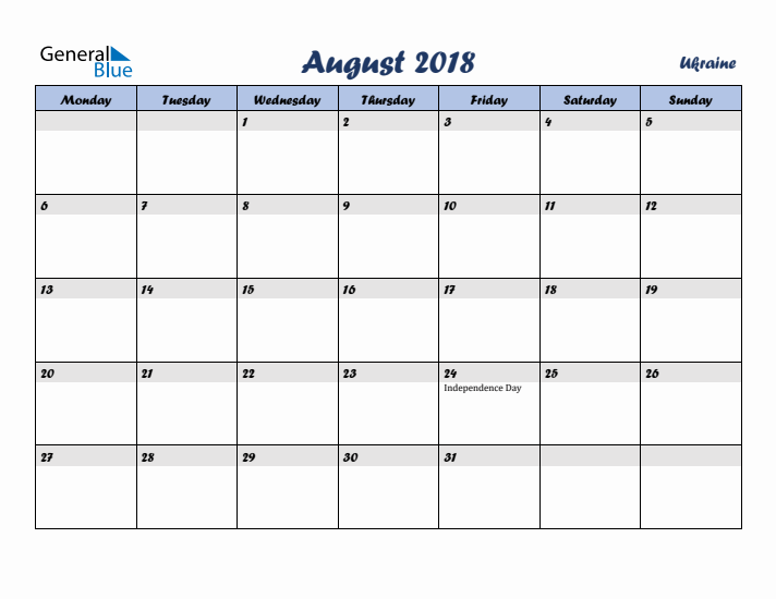 August 2018 Calendar with Holidays in Ukraine