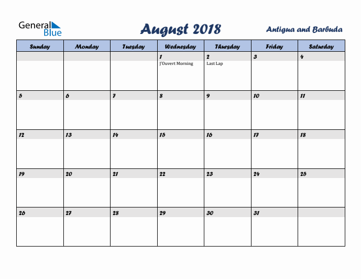 August 2018 Calendar with Holidays in Antigua and Barbuda