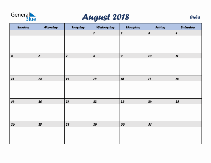 August 2018 Calendar with Holidays in Cuba