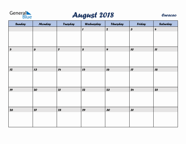 August 2018 Calendar with Holidays in Curacao