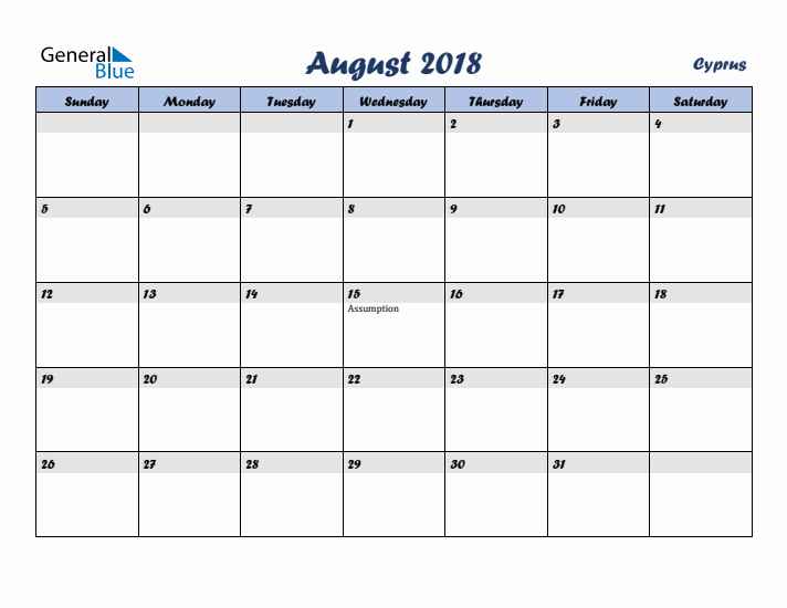 August 2018 Calendar with Holidays in Cyprus