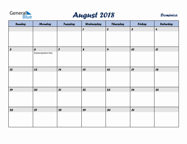 August 2018 Calendar with Holidays in Dominica