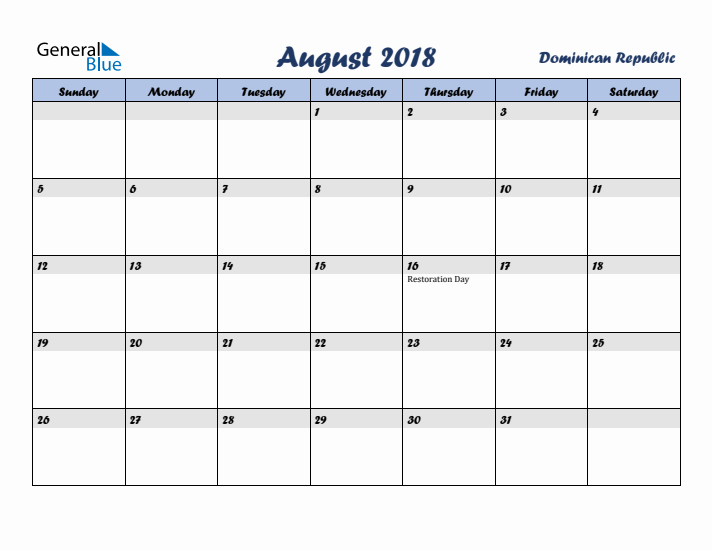 August 2018 Calendar with Holidays in Dominican Republic