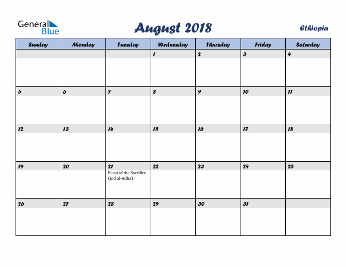 August 2018 Calendar with Holidays in Ethiopia