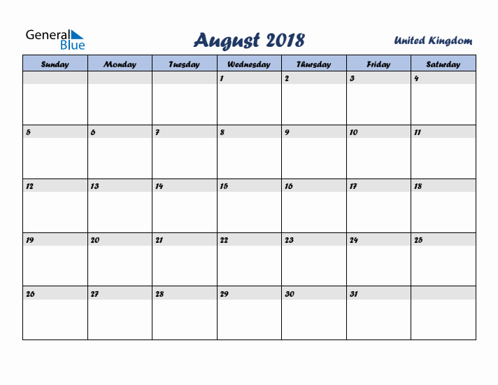 August 2018 Calendar with Holidays in United Kingdom