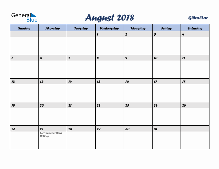 August 2018 Calendar with Holidays in Gibraltar