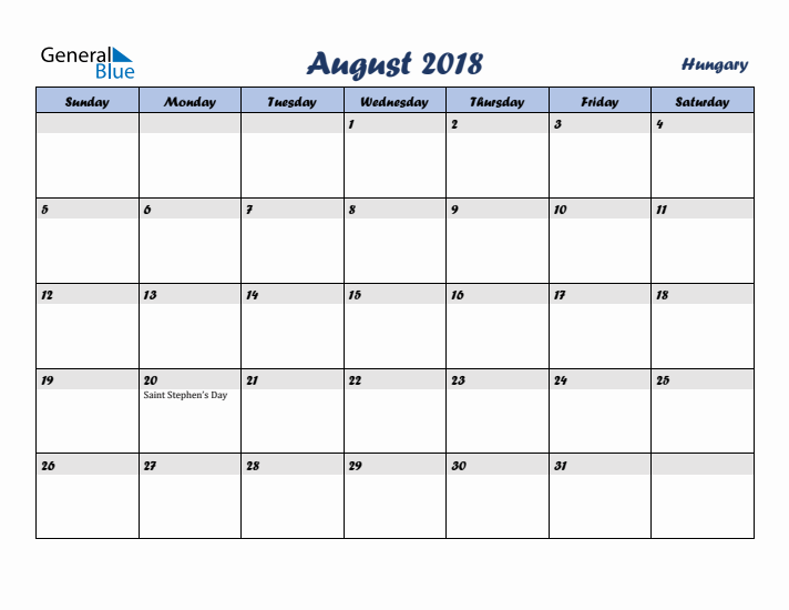 August 2018 Calendar with Holidays in Hungary