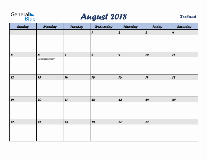 August 2018 Calendar with Holidays in Iceland