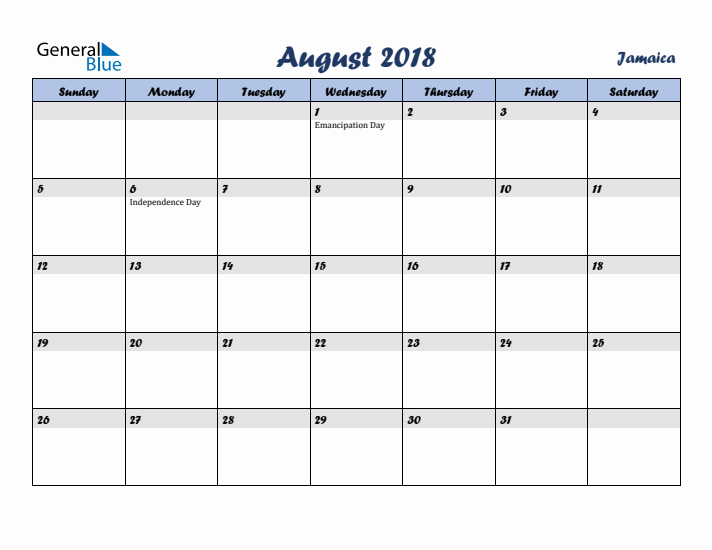 August 2018 Calendar with Holidays in Jamaica