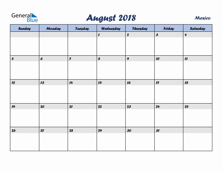 August 2018 Calendar with Holidays in Mexico