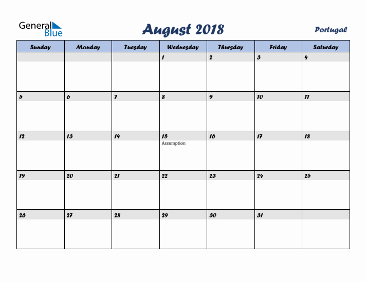 August 2018 Calendar with Holidays in Portugal