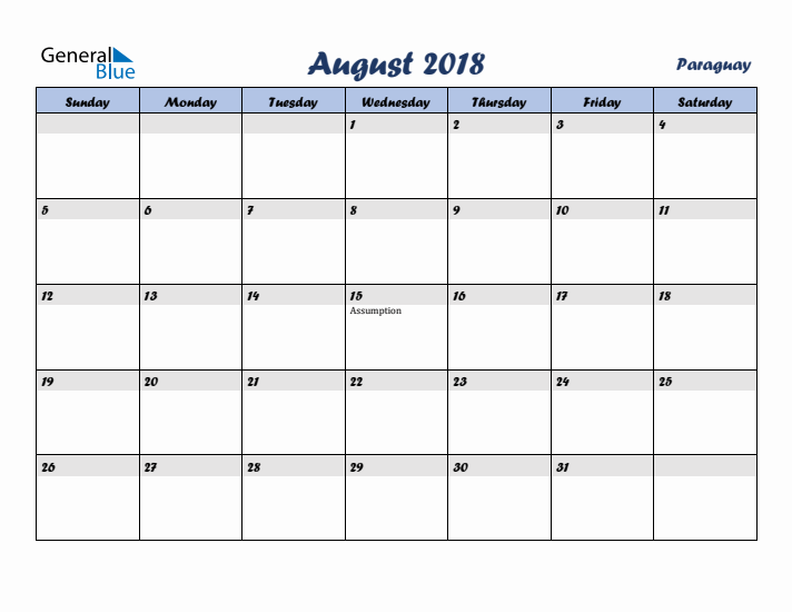 August 2018 Calendar with Holidays in Paraguay