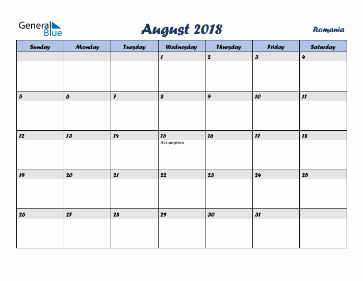 August 2018 Calendar with Holidays in Romania