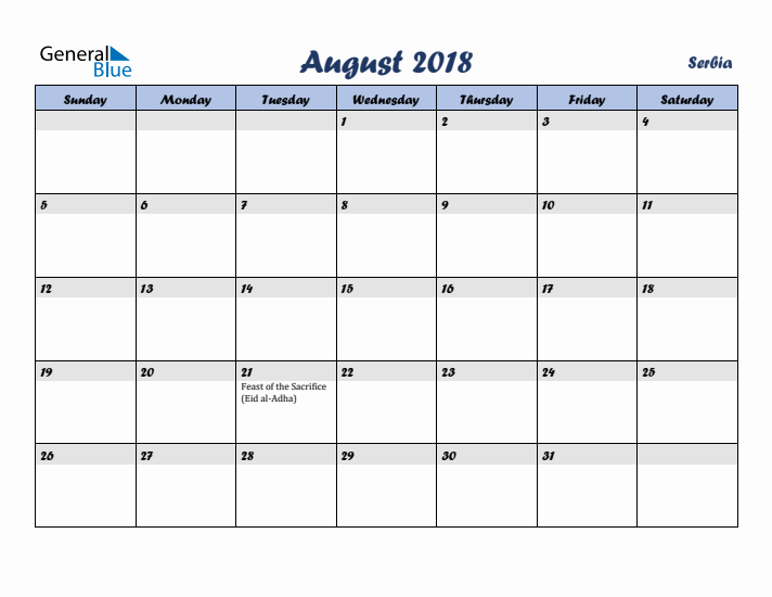 August 2018 Calendar with Holidays in Serbia