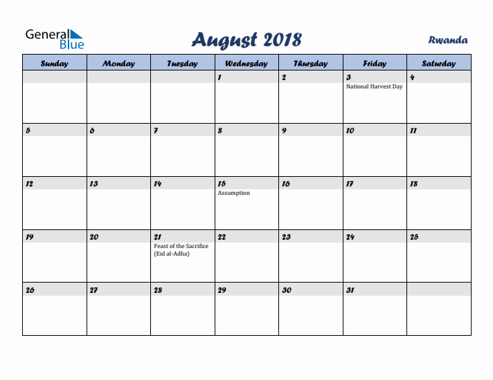 August 2018 Calendar with Holidays in Rwanda