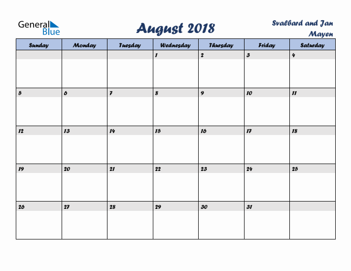 August 2018 Calendar with Holidays in Svalbard and Jan Mayen