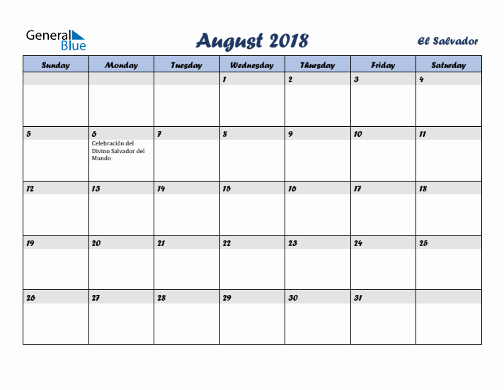 August 2018 Calendar with Holidays in El Salvador