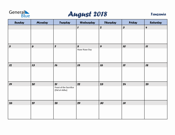 August 2018 Calendar with Holidays in Tanzania