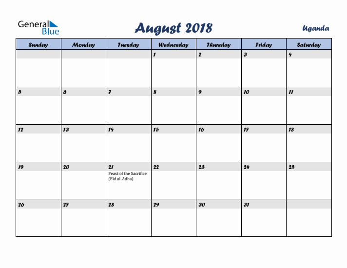 August 2018 Calendar with Holidays in Uganda