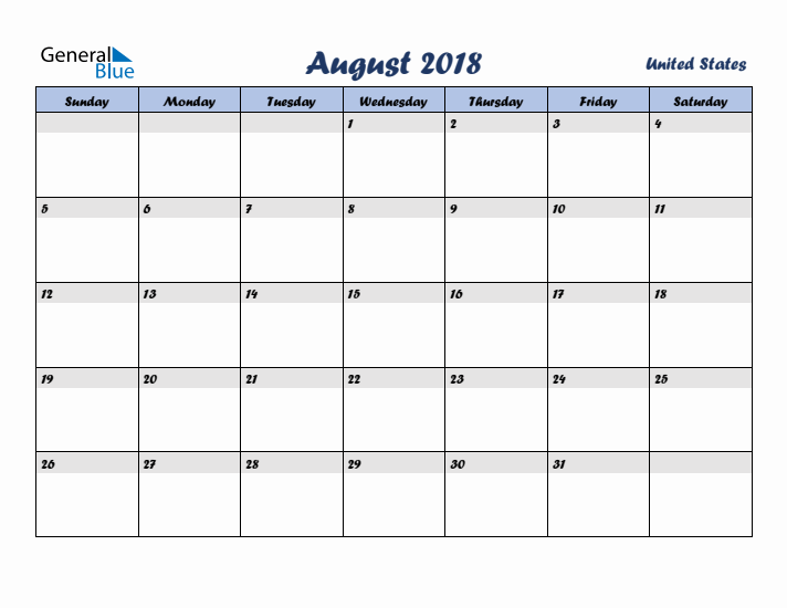 August 2018 Calendar with Holidays in United States