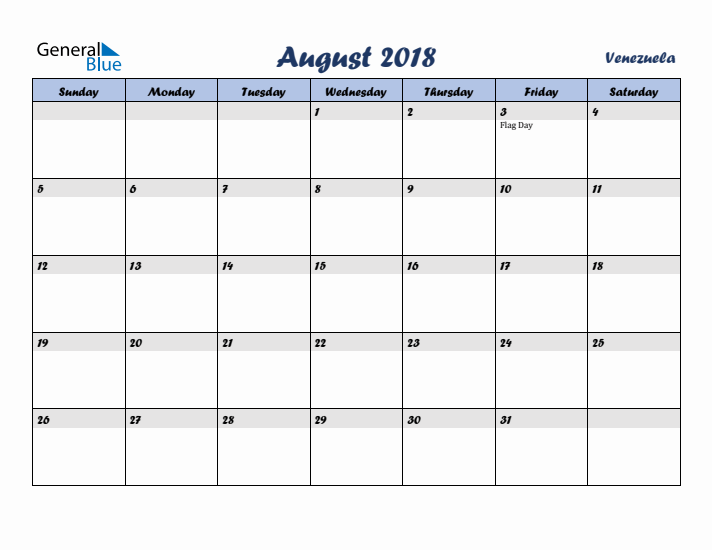 August 2018 Calendar with Holidays in Venezuela