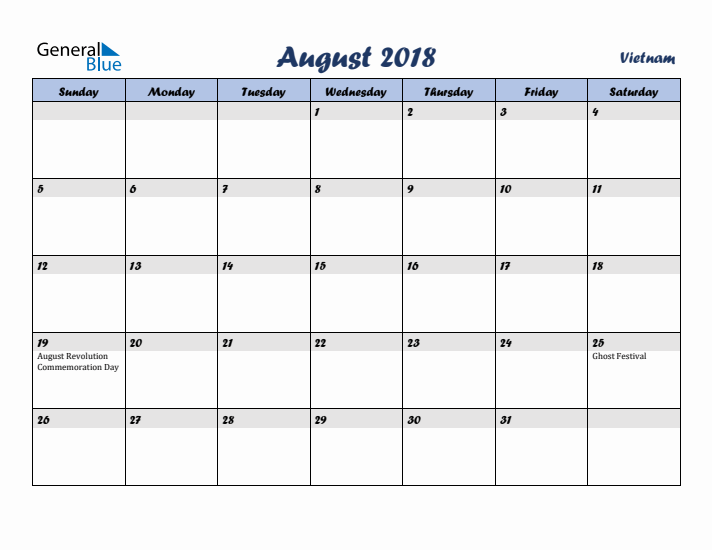 August 2018 Calendar with Holidays in Vietnam