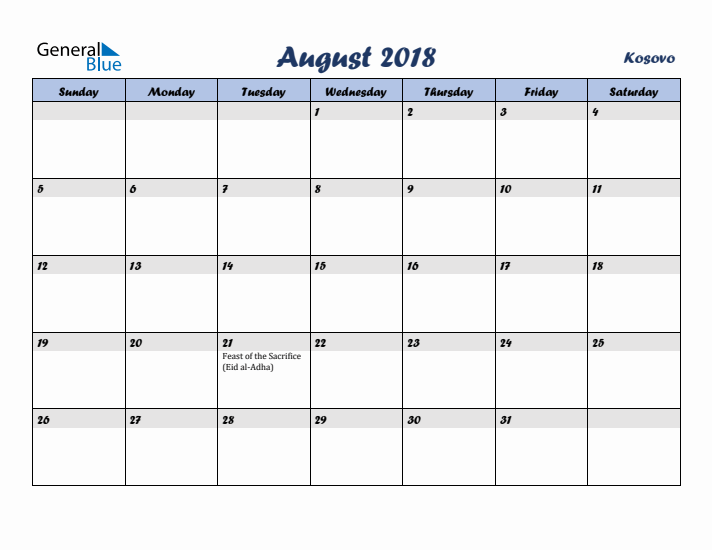 August 2018 Calendar with Holidays in Kosovo