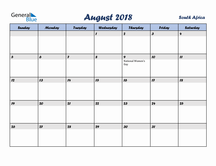 August 2018 Calendar with Holidays in South Africa