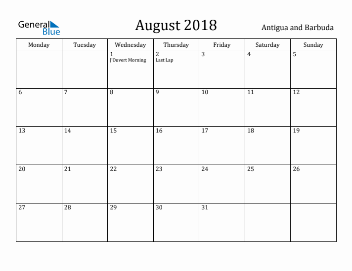 August 2018 Calendar Antigua and Barbuda