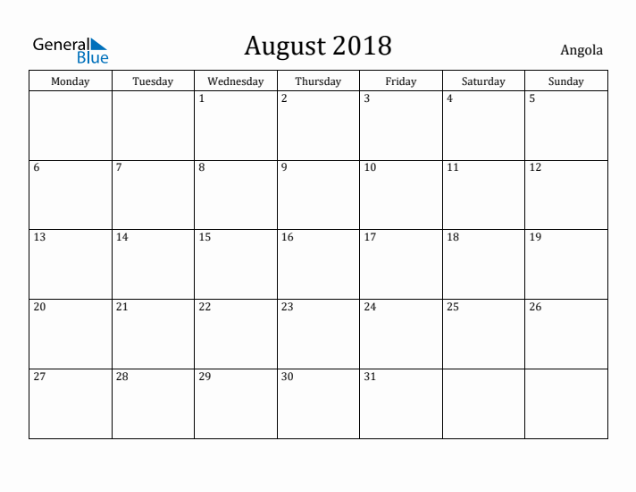 August 2018 Calendar Angola