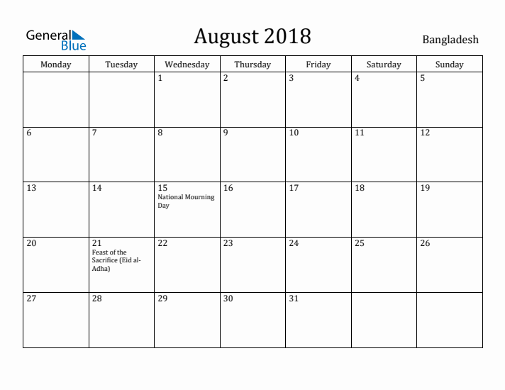 August 2018 Calendar Bangladesh