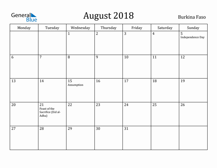 August 2018 Calendar Burkina Faso