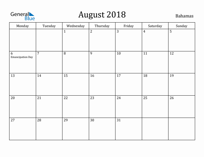 August 2018 Calendar Bahamas