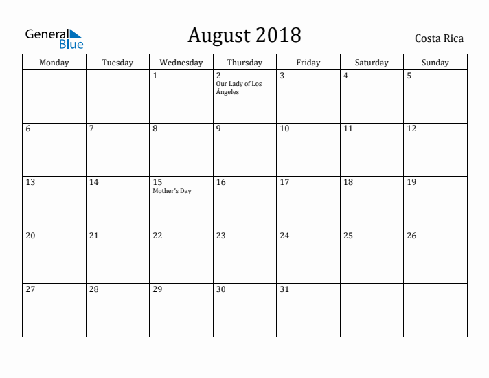 August 2018 Calendar Costa Rica