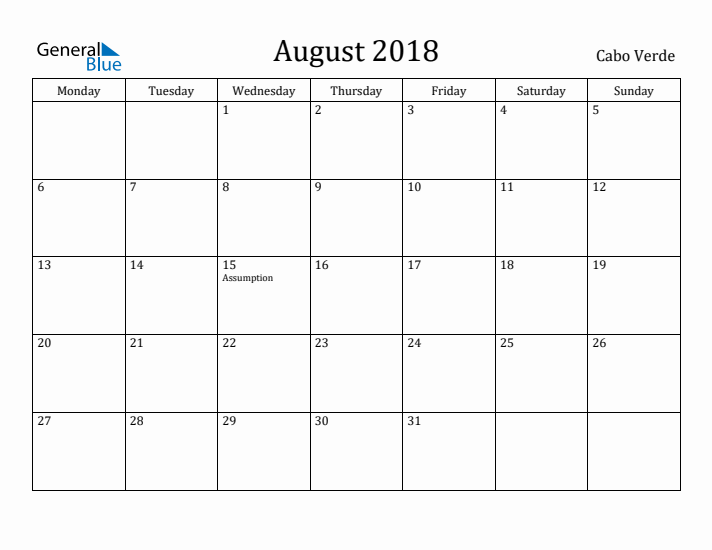 August 2018 Calendar Cabo Verde