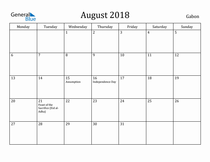 August 2018 Calendar Gabon