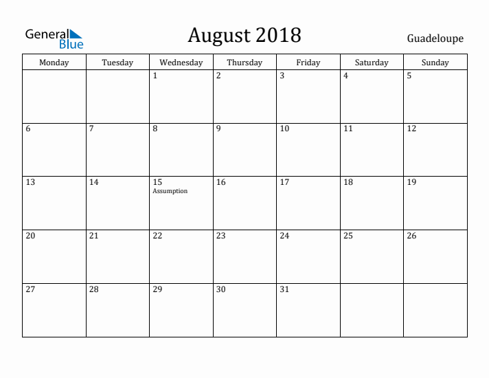 August 2018 Calendar Guadeloupe